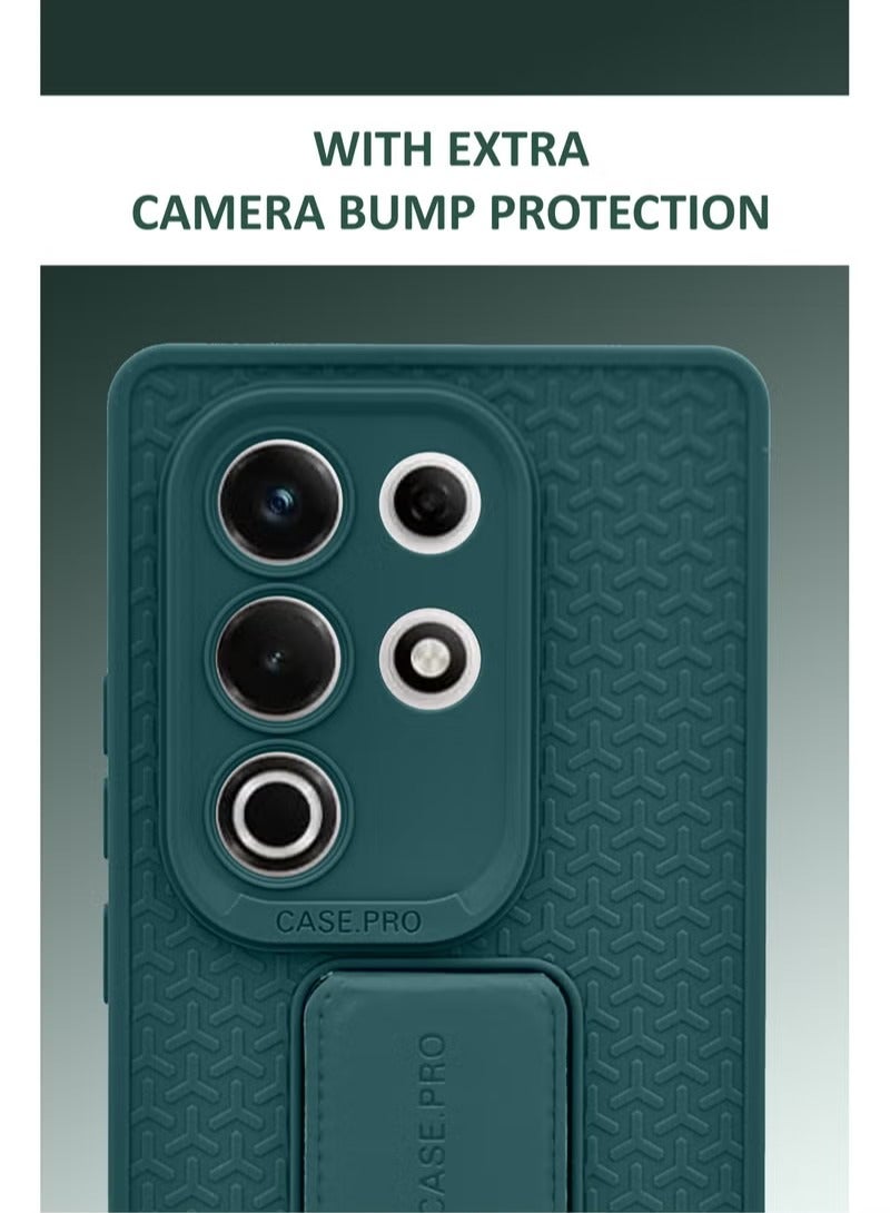 For Itel S25 Ultra - Semi Soft Silicone Magnetic Back Stand Case With Foldable Kickstand & Finger Strap - Green - Image 3