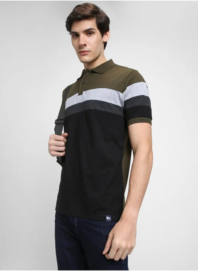 Dennis Lingo Olive Slim Fit Striped Polo Collar T-shirt for Men - 100% Cotton, Short Sleeve, Casual