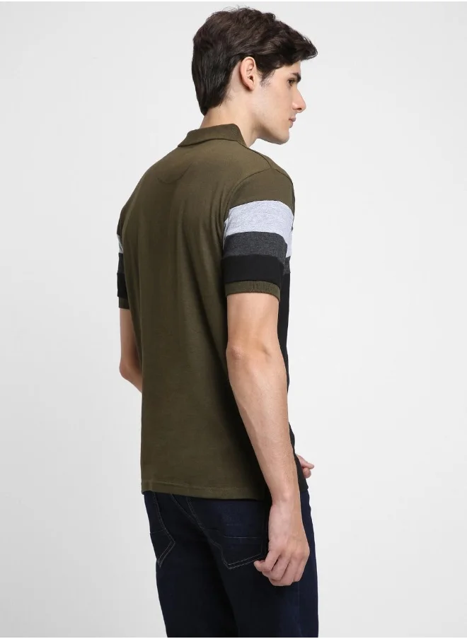 Dennis Lingo Olive Slim Fit Striped Polo Collar T-shirt for Men - 100% Cotton, Short Sleeve, Casual