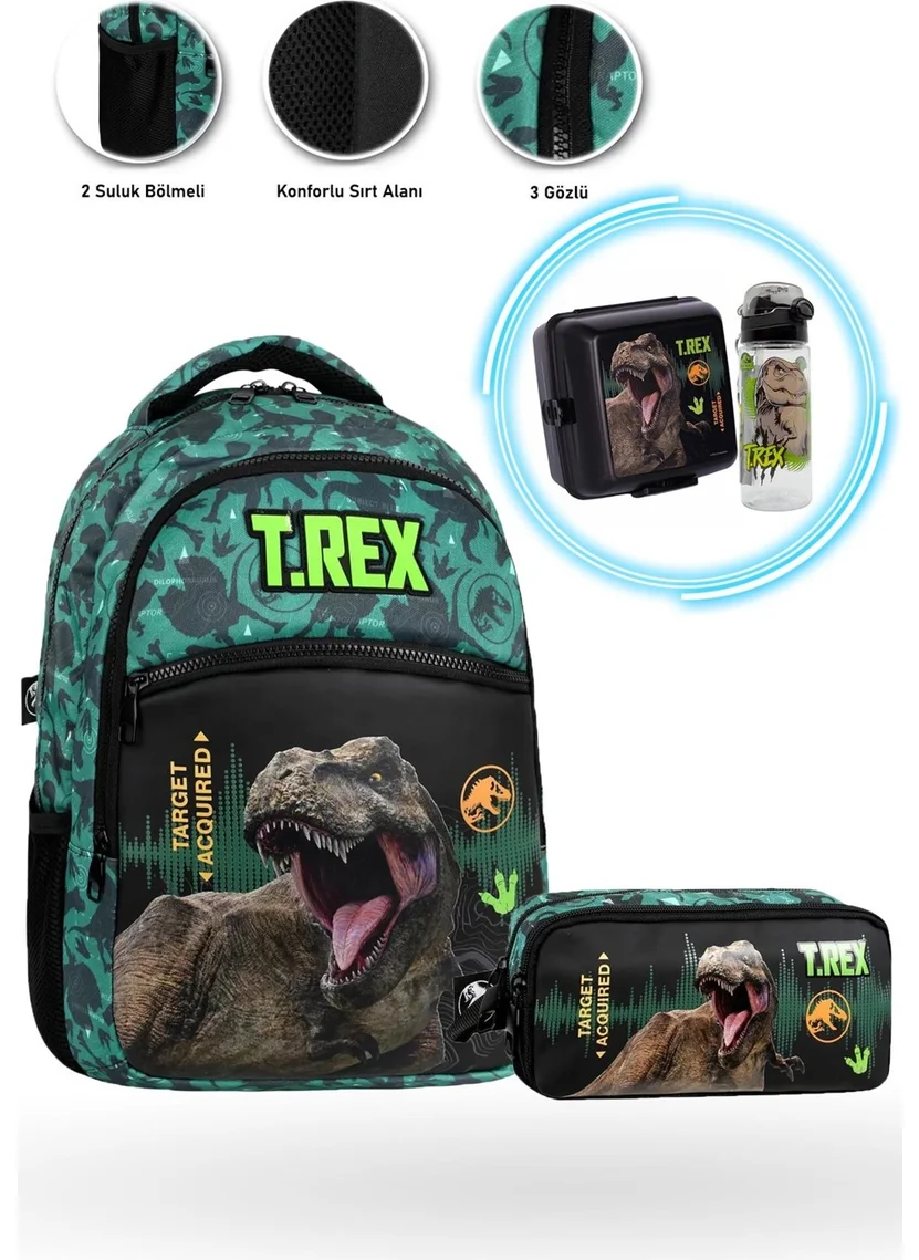 Masho Trend 3 Compartment Target Trex School Bag + Pencil Case + Trex Nutrition + Trex Water Bottle - Dino Bag Primary School Bag