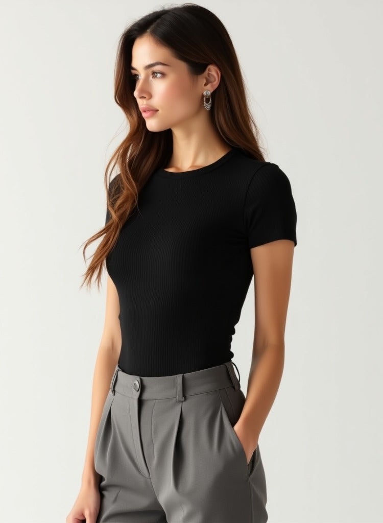 Soft Steps "Women's Ribbed Short Sleeve Crew Neck Top – Soft  Fitted T-Shirt | Sizes XL Black - Image 2