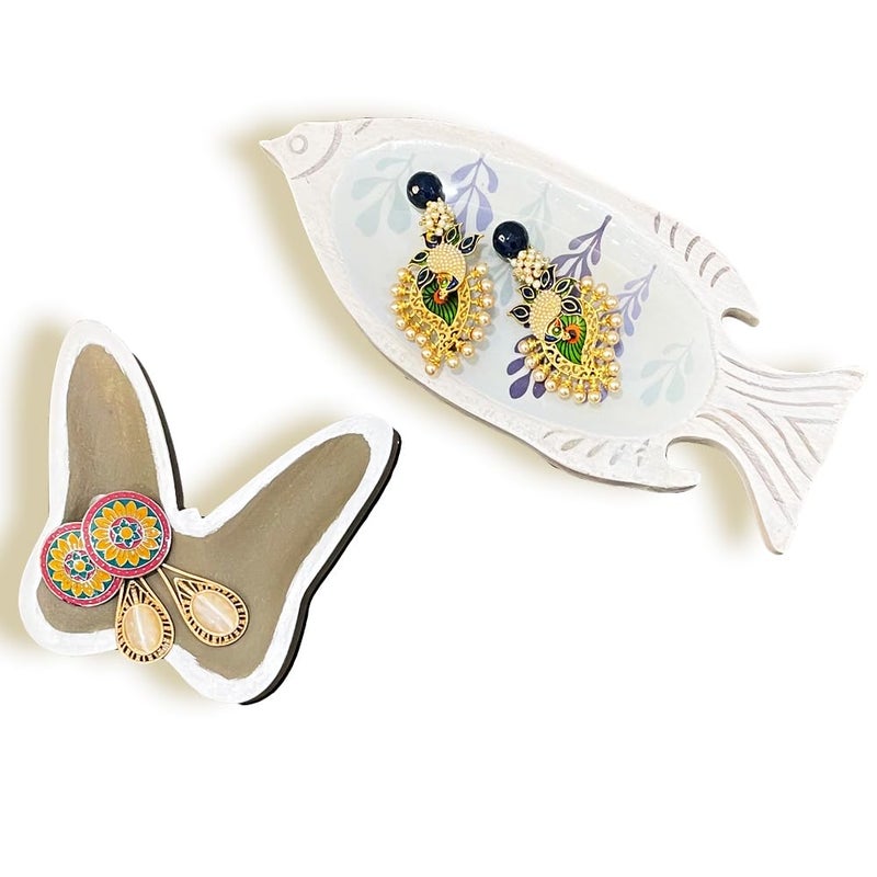MORii® Artful Mango Wood Trinket Tray Set: Fish and Butterfly Shaped Decal Accented Catch-All Trays for Keys Treasures, Jewelry (Fish Large Butterfly Small) - Image 1