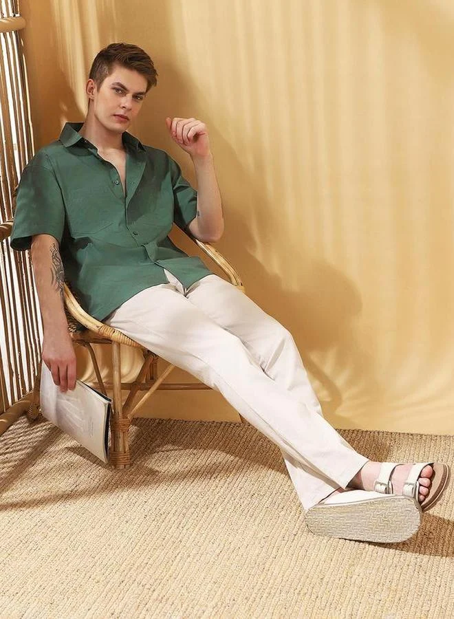 Dennis Lingo Men Green Spread Collar Casual Shirt