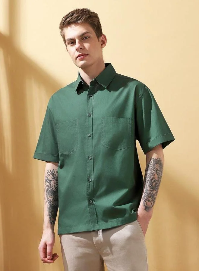Dennis Lingo Men Green Spread Collar Casual Shirt