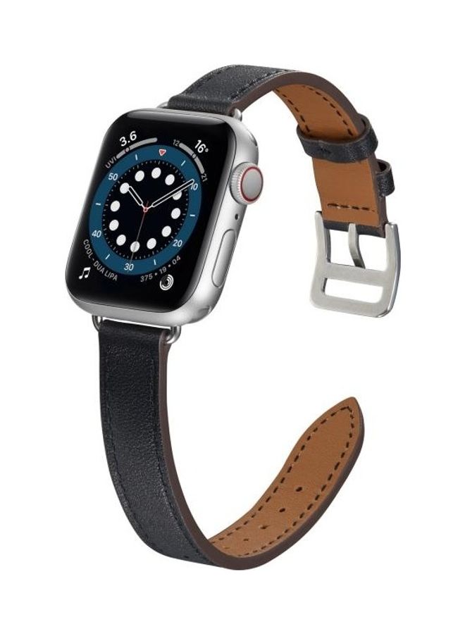NIBEMINENT A Style Leather Strap Watchband For Apple Watch Series 7/6/SE/5/4/3/2/1 41/40/38mm Black - Image 4