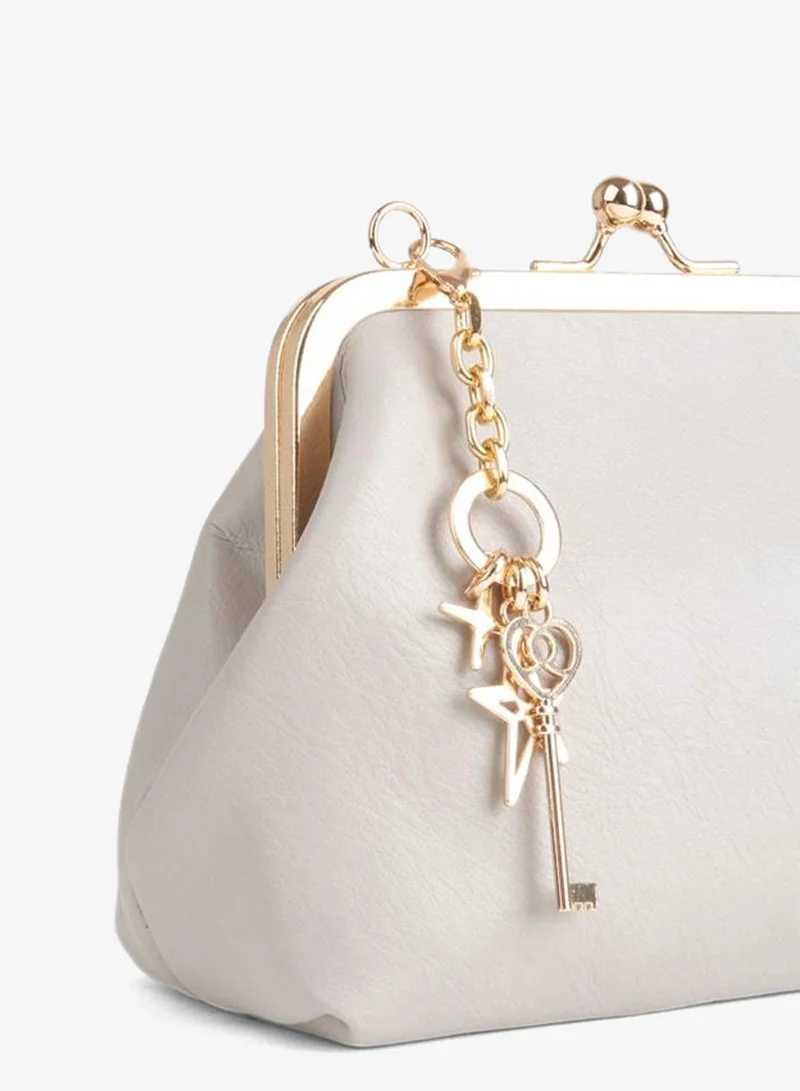 Women's Light Grey Handbag with Key Charm Gift, Buckle Closure, Lined, for Hand, Arm, and Shoulder.