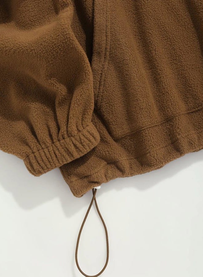 ZAFUL Men's Fluffy Polar Fleece Sweatshirt Embroidery Colorblock Half Zip Unisex Hoodie, Coffee, M - Image 4