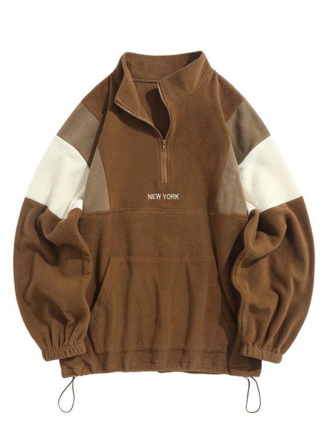 ZAFUL Men's Fluffy Polar Fleece Sweatshirt Embroidery Colorblock Half Zip Unisex Hoodie, Coffee, M - Image 1