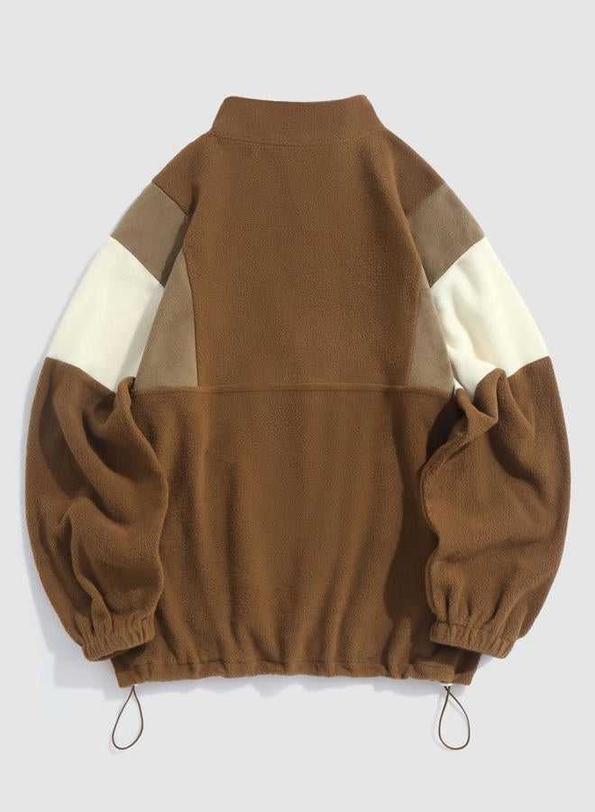 ZAFUL Men's Fluffy Polar Fleece Sweatshirt Embroidery Colorblock Half Zip Unisex Hoodie, Coffee, M - Image 2