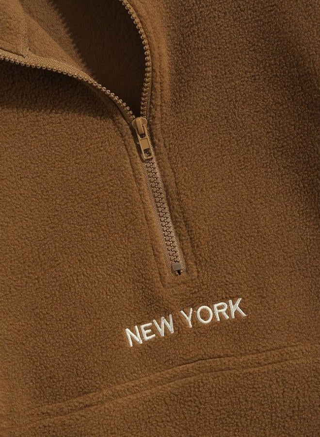 ZAFUL Men's Fluffy Polar Fleece Sweatshirt Embroidery Colorblock Half Zip Unisex Hoodie, Coffee, M - Image 3