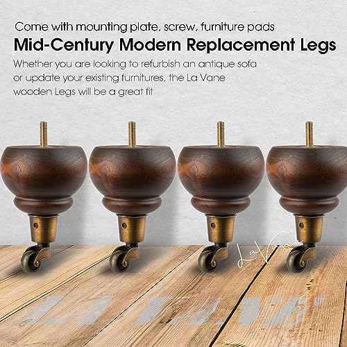 La Vane 5.5 inch Wooden Furniture Legs with Castor, 4PCS Soild Wood Glaze Turned Replacement Bun Feet with Pre-Drilled M8 Inch Bolt & Mounting Plate for Armchair Ottoman Recliner Chair Footstool - Image 2