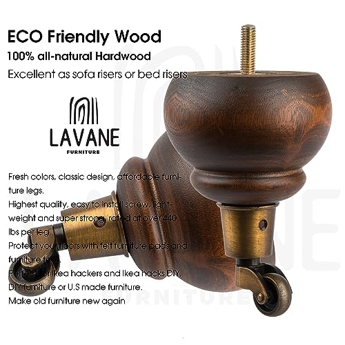 La Vane 5.5 inch Wooden Furniture Legs with Castor, 4PCS Soild Wood Glaze Turned Replacement Bun Feet with Pre-Drilled M8 Inch Bolt & Mounting Plate for Armchair Ottoman Recliner Chair Footstool - Image 3