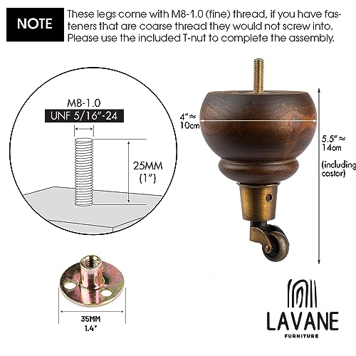 La Vane 5.5 inch Wooden Furniture Legs with Castor, 4PCS Soild Wood Glaze Turned Replacement Bun Feet with Pre-Drilled M8 Inch Bolt & Mounting Plate for Armchair Ottoman Recliner Chair Footstool - Image 4