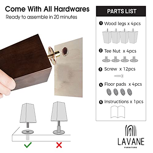 La Vane 5.5 inch Wooden Furniture Legs with Castor, 4PCS Soild Wood Glaze Turned Replacement Bun Feet with Pre-Drilled M8 Inch Bolt & Mounting Plate for Armchair Ottoman Recliner Chair Footstool - Image 5