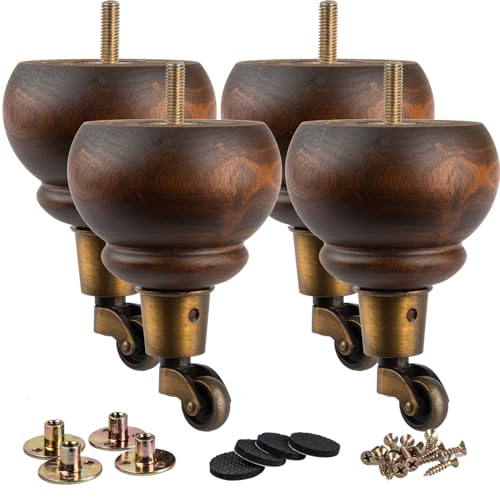 La Vane 5.5 inch Wooden Furniture Legs with Castor, 4PCS Soild Wood Glaze Turned Replacement Bun Feet with Pre-Drilled M8 Inch Bolt & Mounting Plate for Armchair Ottoman Recliner Chair Footstool - Image 1