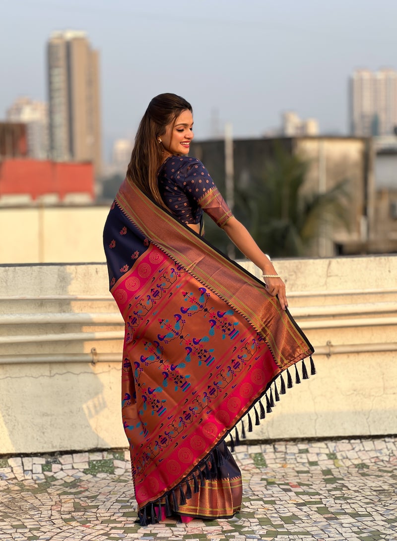 Trending Paithani Soft Silk Saree with Meenakari Weaves, Rich Paithani Pallu & Brocade Blouse  - Image 3