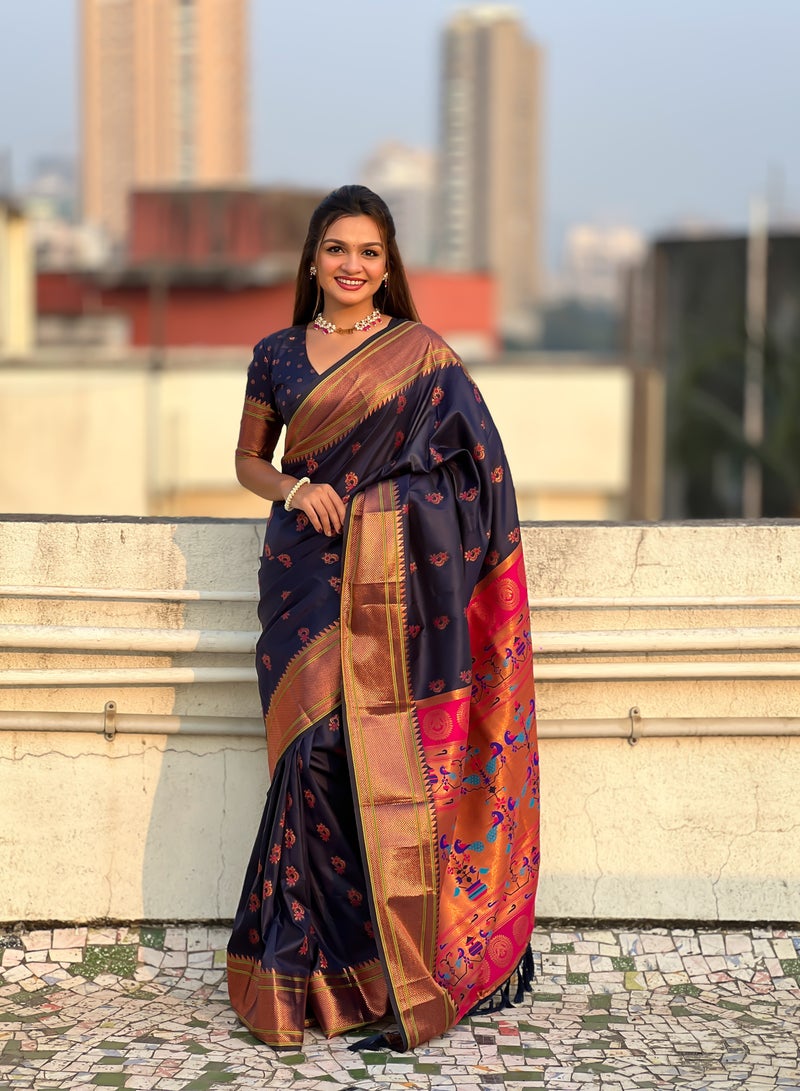 Trending Paithani Soft Silk Saree with Meenakari Weaves, Rich Paithani Pallu & Brocade Blouse  - Image 4
