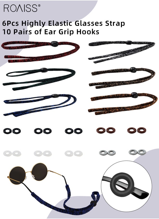 roaiss 6 Pcs Elastic Glasses Strap, Soft Sport Eyeglasses Cords Adjustable Non-Slip Eyewear Retainer Glasses Lanyard for Reading Sports Outdoor for Men, Women with 10 Pairs of Ear Grip Hooks  - Image 1