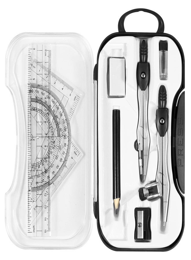 Unjoo Math Geometry Kit Sets 10 Piece Student Supplies with Shatterproof Storage Box,Includes Rulers,Protractor,Compass,Eraser,Pencil Sharpener,Lead Refills,Pencil,for Drafting and Drawings（Black） - Image 1