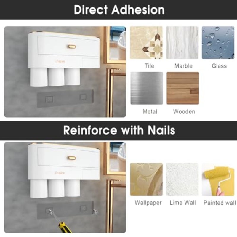 Toothbrush Holders for Bathrooms - Upgrade Wall Mounted Toothbrush Holder with Toothpaste Dispenser - 3 Cups - Image 4
