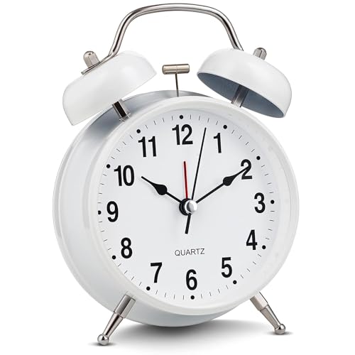 FARENI Vintage Twin Bell Analog Display Table Alarm Clock with Night LED Light Heavy Slippers Extra Loud Alarm Clock Ideal for Student and Kids Bedroom (White) - Image 2