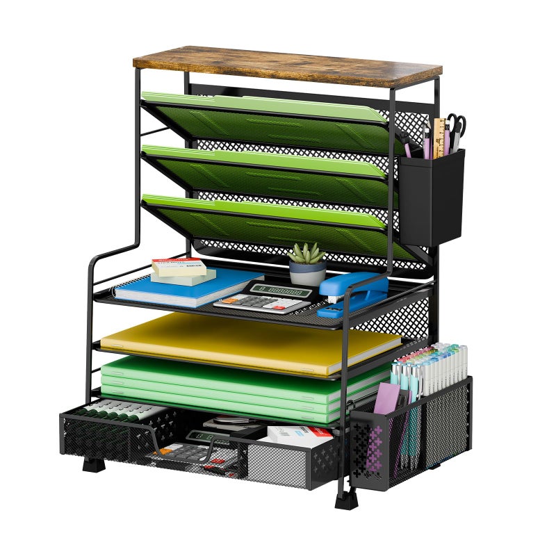 Ekisemio 8 Tier Desk File Organizer with Sliding Drawer, Desktop Organizers and Accessories, Letter Size File Organizer for Desk, Black - Image 1