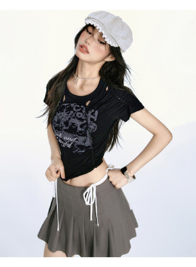 EPTISON Women's Short Sleeve T-shirt - Summer Vintage American Style Cropped Hollow-out Color-block Print Sweet & Spicy Top - Image 1