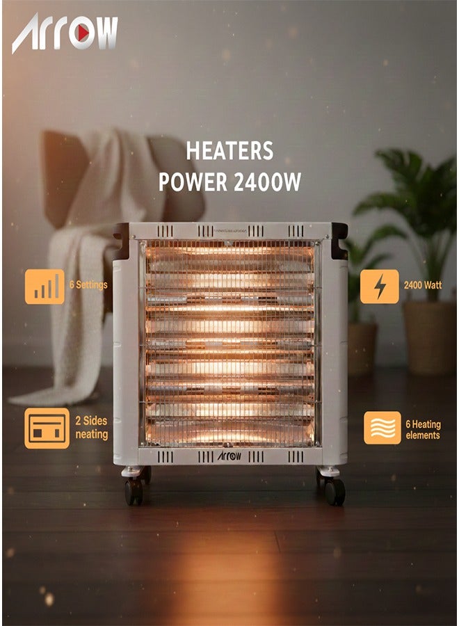 Arrow Quartz Heater with 4 Tubes | 2400W Power,  Dual Sided Heating (Top & Front) | 6 Heating Settings  | High Efficiency & Energy Saving Room Heater | Tip-Over Protection | Portable with Handle & Castor Wheels | Large-Scale Heating | Adjustable Thermostat & Rotary Control - Image 2