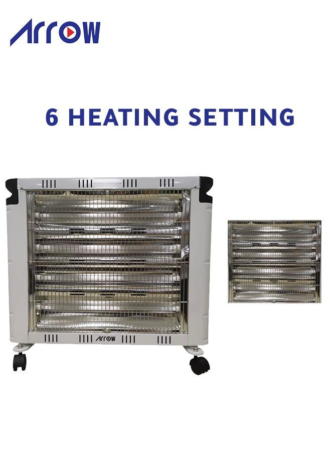 Arrow Quartz Heater with 4 Tubes | 2400W Power,  Dual Sided Heating (Top & Front) | 6 Heating Settings  | High Efficiency & Energy Saving Room Heater | Tip-Over Protection | Portable with Handle & Castor Wheels | Large-Scale Heating | Adjustable Thermostat & Rotary Control - Image 3