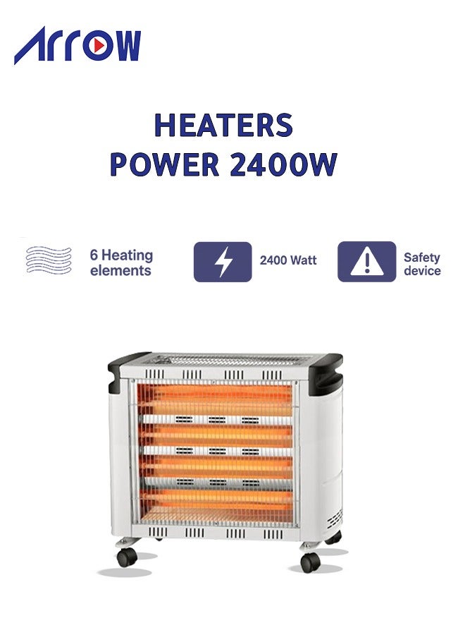Arrow Quartz Heater with 4 Tubes | 2400W Power,  Dual Sided Heating (Top & Front) | 6 Heating Settings  | High Efficiency & Energy Saving Room Heater | Tip-Over Protection | Portable with Handle & Castor Wheels | Large-Scale Heating | Adjustable Thermostat & Rotary Control - Image 4