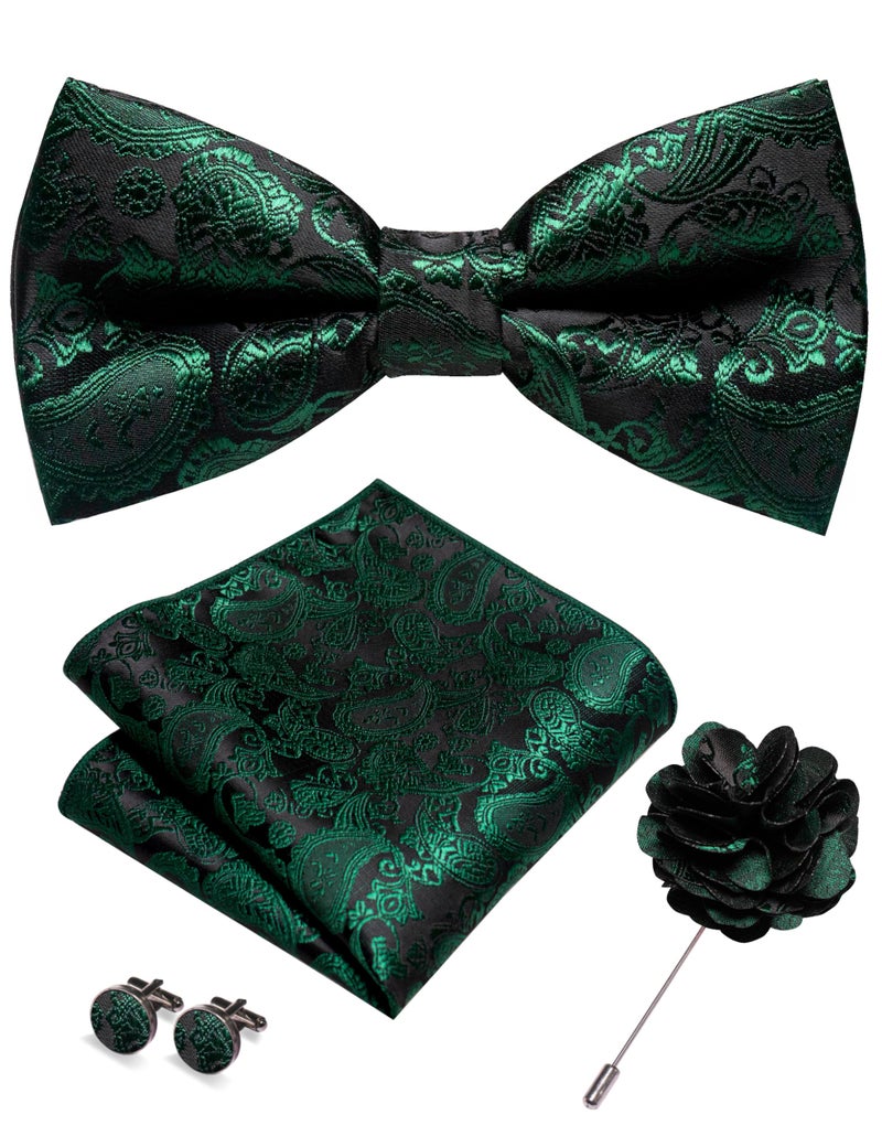 JEMYGINS Dark Green Paisley Bow Tie Pre-tied Bowtie and Pocket Square Cufflinks Lapel Pin Sets for Men(7) - Image 1