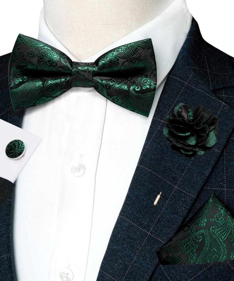 JEMYGINS Dark Green Paisley Bow Tie Pre-tied Bowtie and Pocket Square Cufflinks Lapel Pin Sets for Men(7) - Image 2