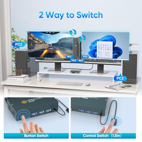 EVATEK 8K@60Hz Displayport KVM Switch 2 Monitors 2 Computers USB 3.0, 4K@240Hz KVM Switch Displayport with 3 USB 3.0 Ports Sharing Keyboard and Mouse, Printer/Scanner, Desktop Controller - Image 2