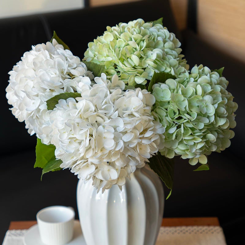 DUYONE 22 Real Soft Touch Hydrangea Artificial Flowers RealisticLarge Long Stem Fake Flowers Full Latex FauxWedding BouquetParty Home DecorGarden Office Room Table White 2 Light Green 2 - Image 2