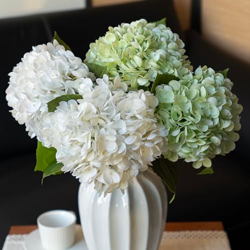 DUYONE 22 Real Soft Touch Hydrangea Artificial Flowers RealisticLarge Long Stem Fake Flowers Full Latex FauxWedding BouquetParty Home DecorGarden Office Room Table White 2 Light Green 2 - Image 1