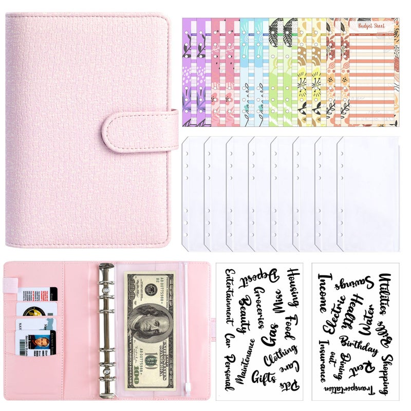 A6 Waffle Fabric Notebook Budget Planner Pink 8 Zipper Bag [New] A6 Cash Budget Card (12) Large Label Stickers 2 English Stickers