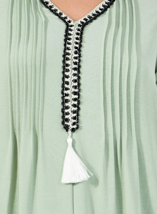 Styli Pintuck Detail Jalabiya with Tassel Trim