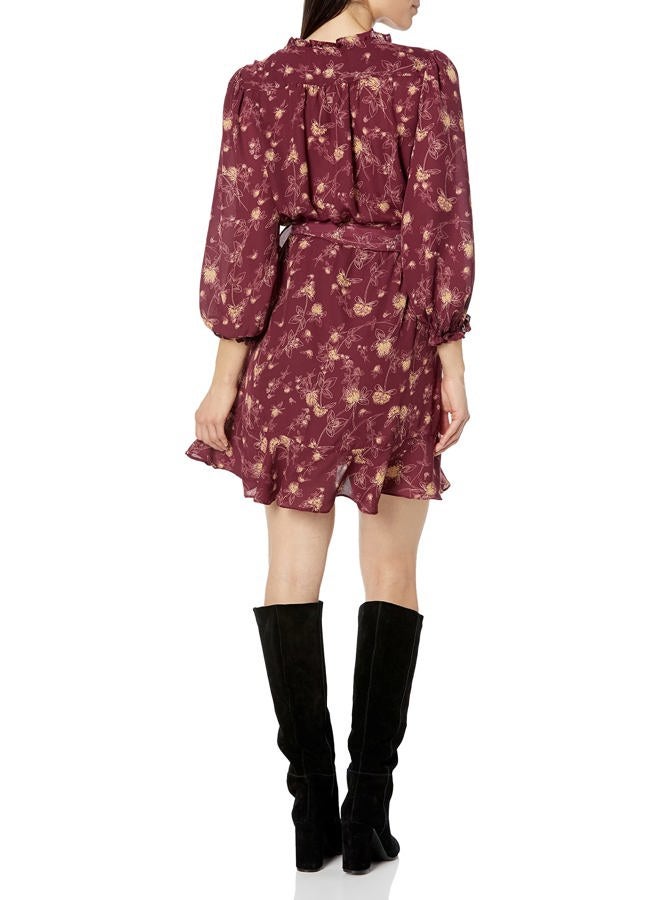 Max Studio Women's Fuax Wrap 3/4 Sleeve Short Dress, Beet Med Floral Twig, L - Image 2