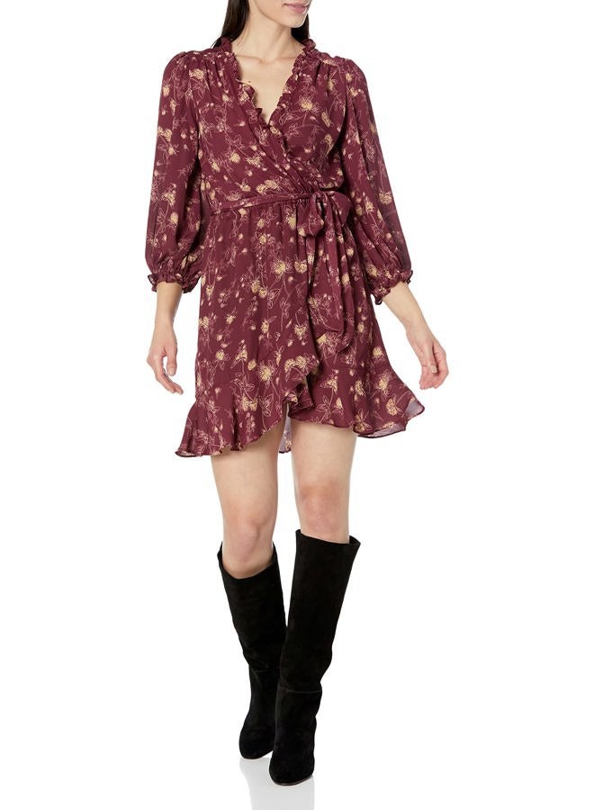 Max Studio Women's Fuax Wrap 3/4 Sleeve Short Dress, Beet Med Floral Twig, L - Image 1
