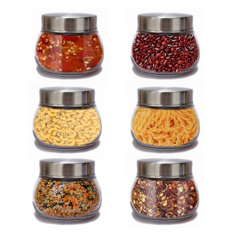 Brezzycloud Oval Shape Spice Glass Jars With Rustproof Steel Airtight Lid, Suitable To Use In Your Home Office, Kitchen Storage/Glass Jars (300Ml, Set Of 6, Transparent) - Image 1