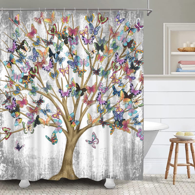 FuShvre Tree of Life Shower Curtain Fabric Vintage Colorful Butterflies on Branches Plants Fantasy Art Bath Curtain Shabby Bathroom Curtain for Womens Bathtub Decor Hooks Included 72 x 72