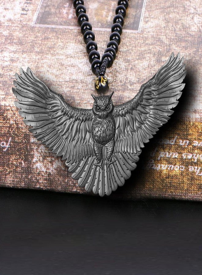 Mudtale Owl Flight Flying Bird Jewelry Charm Pendant Necklace Handmade Jewelry with lack Beads Boho charm Chain Unisex Gift Black Oul Necklace with Black Beaded Chain Symbol of Wisdom Birthday Gifts - Image 4