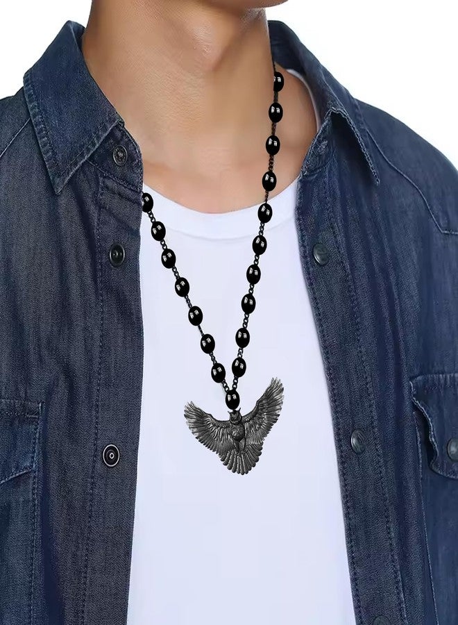 Mudtale Owl Flight Flying Bird Jewelry Charm Pendant Necklace Handmade Jewelry with lack Beads Boho charm Chain Unisex Gift Black Oul Necklace with Black Beaded Chain Symbol of Wisdom Birthday Gifts - Image 2