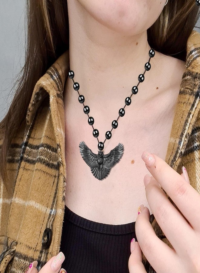 Mudtale Owl Flight Flying Bird Jewelry Charm Pendant Necklace Handmade Jewelry with lack Beads Boho charm Chain Unisex Gift Black Oul Necklace with Black Beaded Chain Symbol of Wisdom Birthday Gifts - Image 3