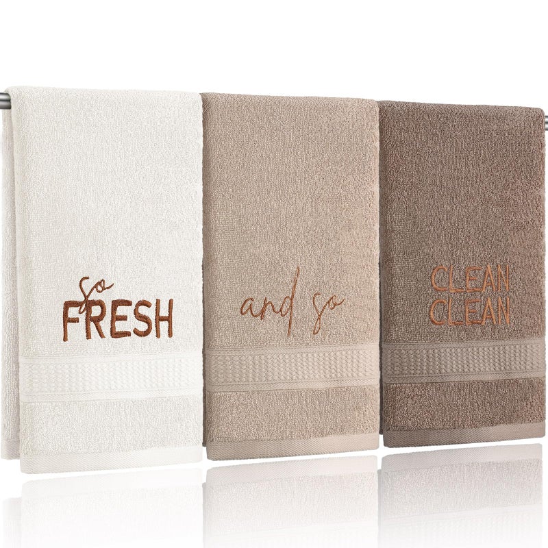 FuWeave 3 Pcs Farmhouse Decorative Hand Towels for Bathroom and Kitchen Rustic Embroidered Cotton Hand Towels Decorative Set for Boho Bathroom Decor(Brown,So Fresh and So Clean Clean) - Image 1