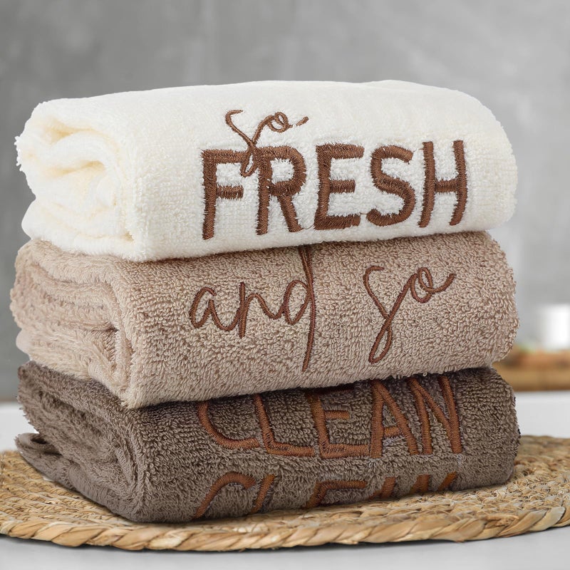 FuWeave 3 Pcs Farmhouse Decorative Hand Towels for Bathroom and Kitchen Rustic Embroidered Cotton Hand Towels Decorative Set for Boho Bathroom Decor(Brown,So Fresh and So Clean Clean) - Image 5