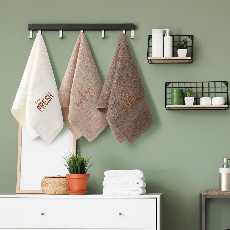 FuWeave 3 Pcs Farmhouse Decorative Hand Towels for Bathroom and Kitchen Rustic Embroidered Cotton Hand Towels Decorative Set for Boho Bathroom Decor(Brown,So Fresh and So Clean Clean) - Image 4