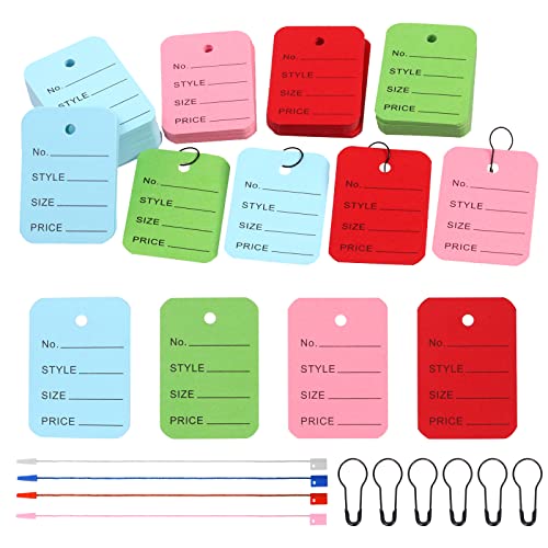 Keadic 1300Pcs Clothing Price Tags and Hang Tag String Color Assortment Set with Black Metal Gourd Safety Pins, 4 Colors Paper Shopping Coupon Tags and Nylon Fastener String for Clothes Retail Store - Image 1