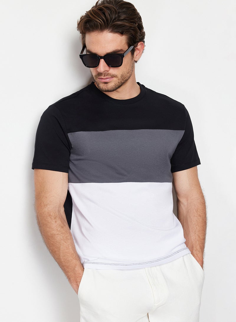 trendyol Color Blocked Black Cotton T-Shirt - Regular Fit TMNSS24TS00076 - Image 3