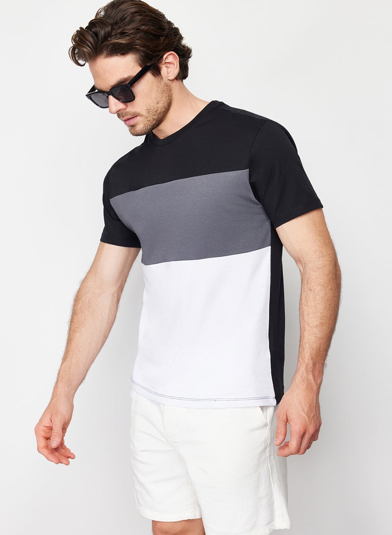 trendyol Color Blocked Black Cotton T-Shirt - Regular Fit TMNSS24TS00076 - Image 4